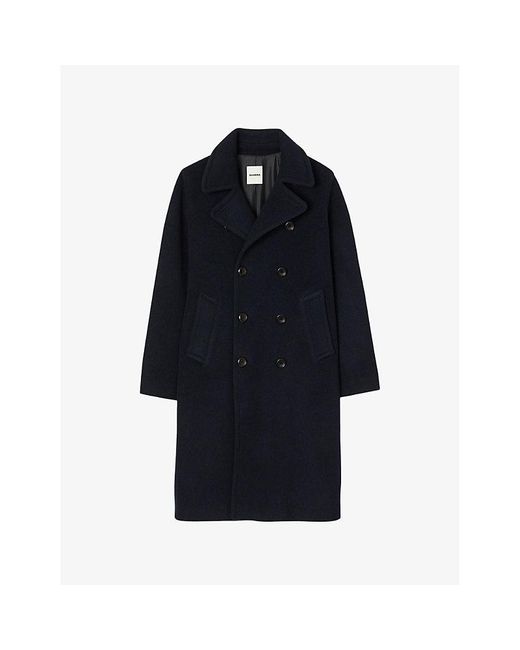 Sandro Blue Lapel-Collar Double-Breasted Wool Coat for men