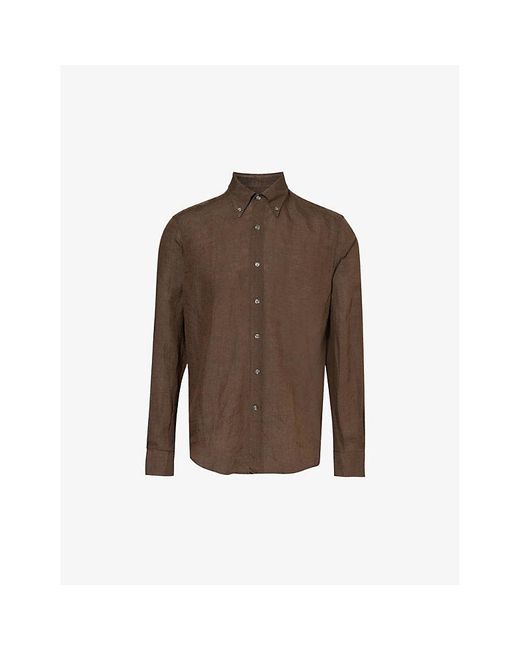 Oscar Jacobson Brown Signature Button-down Collar Linen Shirt for men