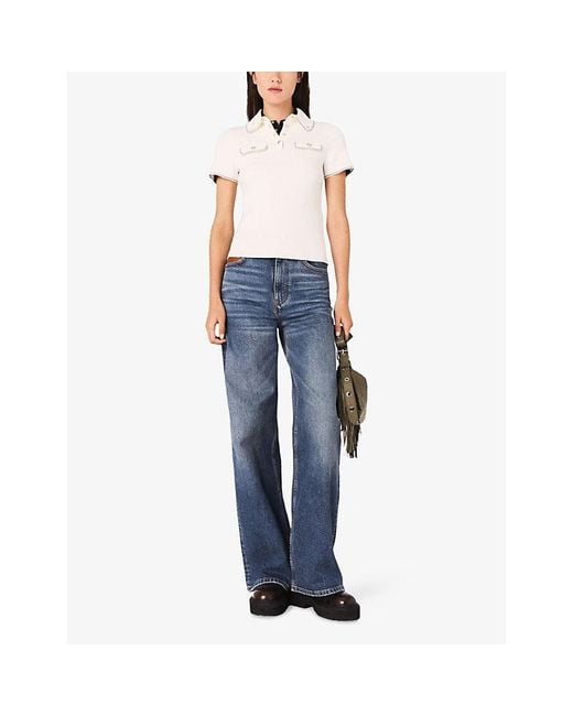 Maje White Flap-Pocket Ribbed Stretch-Knit Polo Shirt