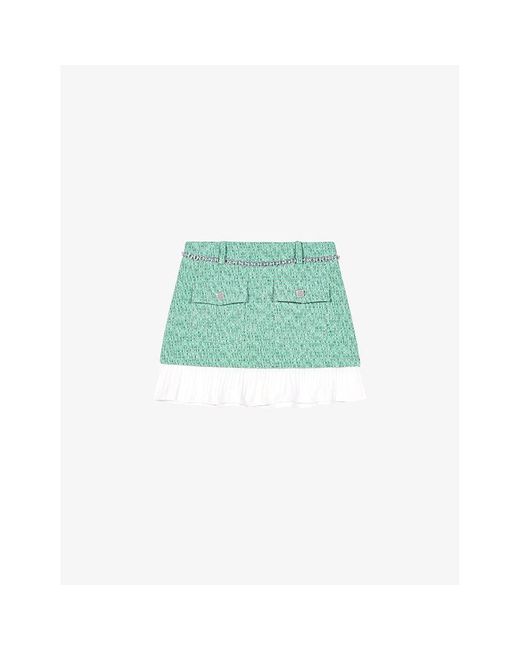 Maje Green Chain-embellished Tweed Cotton-blend Mini Skirt
