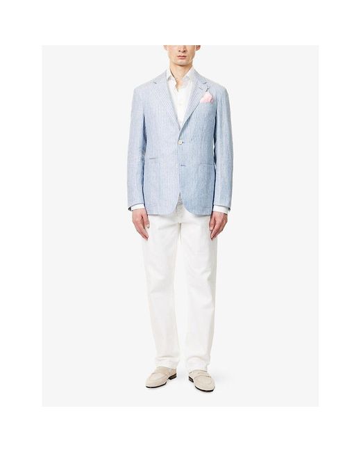 Dunhill Blue Striped Notch-Lapels Linen-Blend Blazer for men