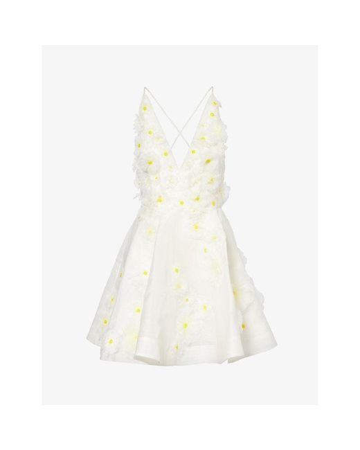 Zimmermann White Daisy-embellished V-neck Linen And Silk-blend Mini Dress