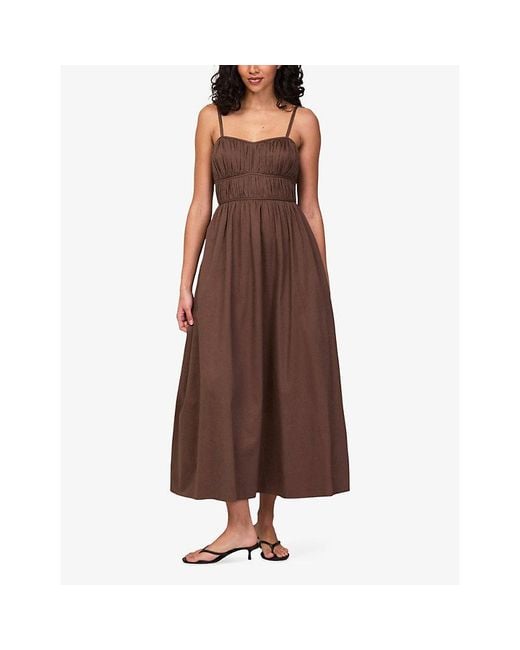 Ro&zo Brown Ruched Sweetheart-Neck Cotton Midi Dress