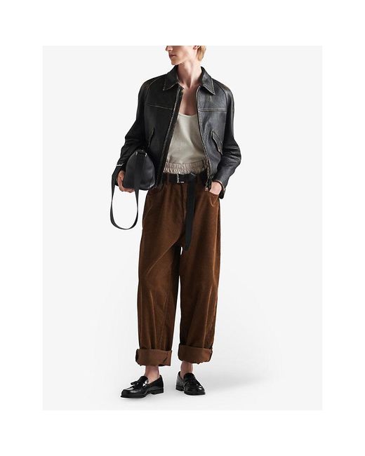 Prada Brown Brand-Plaque Relaxed-Fit Cotton-Corduroy Trousers for men