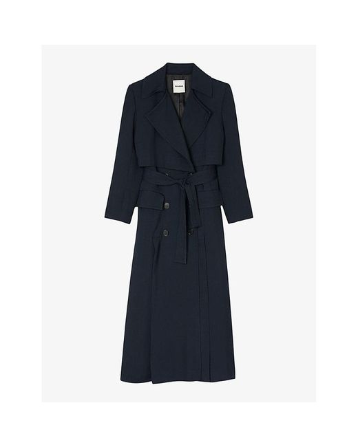 Sandro Blue Oversized-lapel Belted Woven Trench Coat