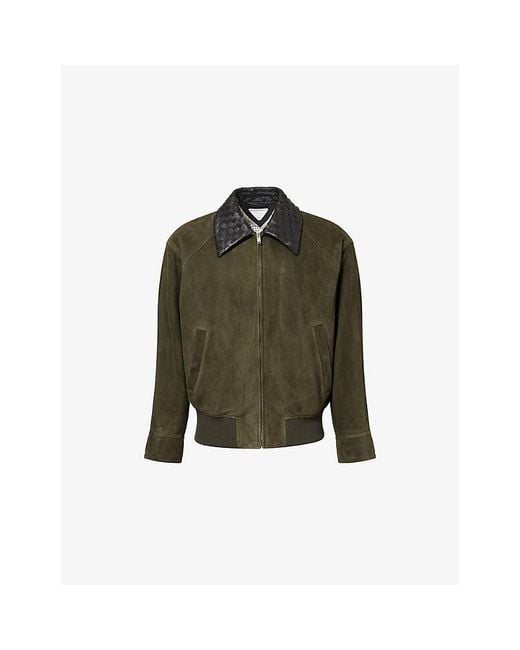 Bottega Veneta Green Woven-Collar Long-Sleeve Suede Jacket for men