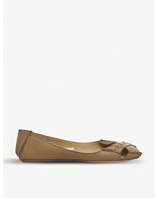 Office Brown Face To Face Leather Peep-toe Flats