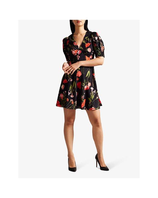 Ted Baker Black Sienno Puff-sleeve Floral-print Woven Mini Dress