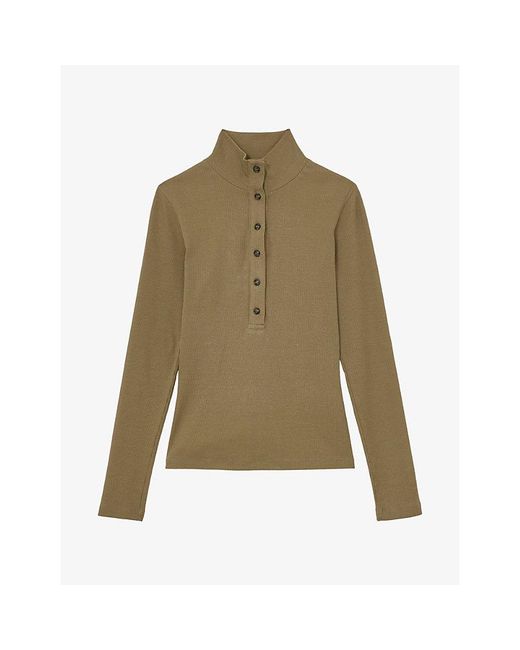 Reiss Green Ida Funnel-Neck Stretch-Cotton Top