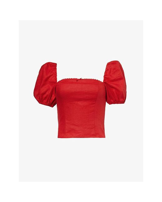 Reformation Red Marella Puff-sleeved Linen Top