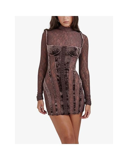 House Of Cb Brown Marica Crushed-Velvet Stretch-Lace Mini Dress