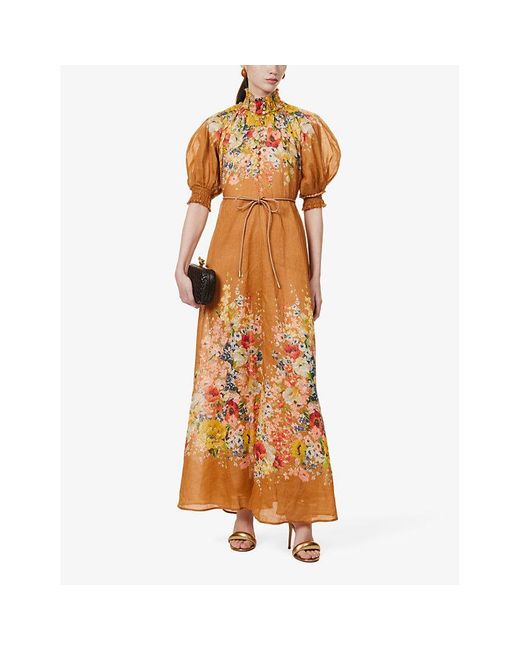 Zimmermann Orange Alight Floral-pattern Linen Maxi Dress X
