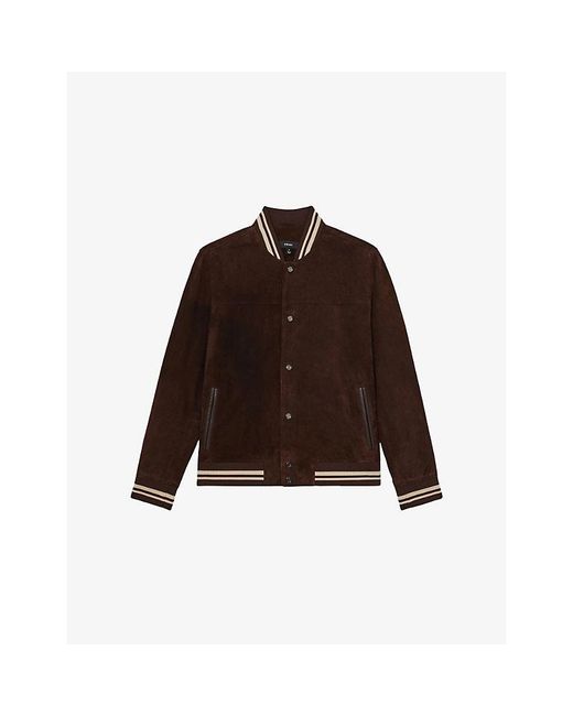 Reiss Brown Banridge Stripe-Trim Suede Bomber Jacket for men