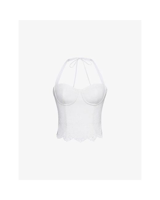 House Of Cb White Zizi Halter-Neck Broderie Stretch-Cotton Corset Top