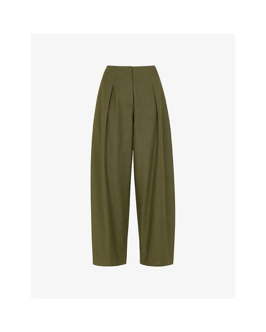 Whistles Green Pleated Barrel-Leg Woven Trousers