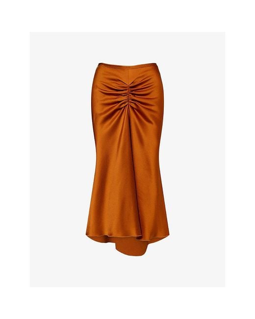 Victoria Beckham Brown Gathered Curved-Hem Woven Midi Skirt