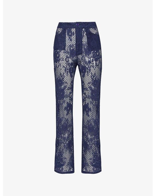 Sinead Gorey Blue Straight-leg High-rise Slim-fit Lace Trousers
