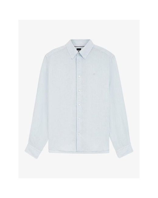 Boss White Brand-Embroidered Long-Sleeved Linen Shirt for men