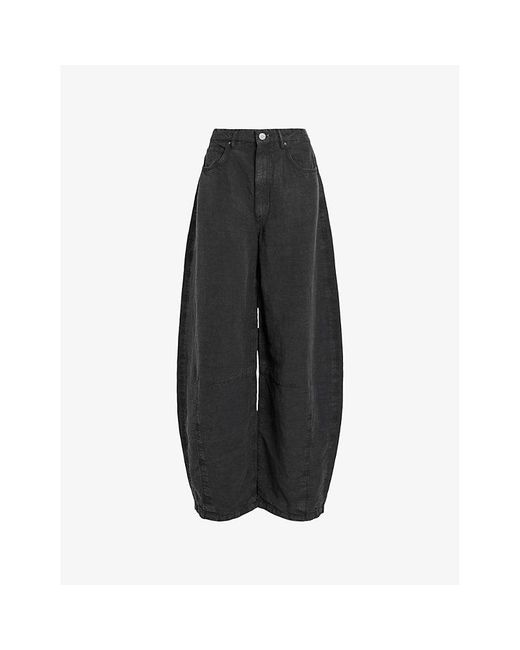 AllSaints Black Jett Barrel-Leg Linen-Blend Trousers