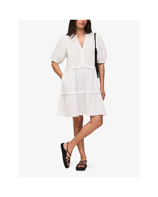 Ro&zo White Frill-Trim Puff-Sleeve Cotton Mini Dress