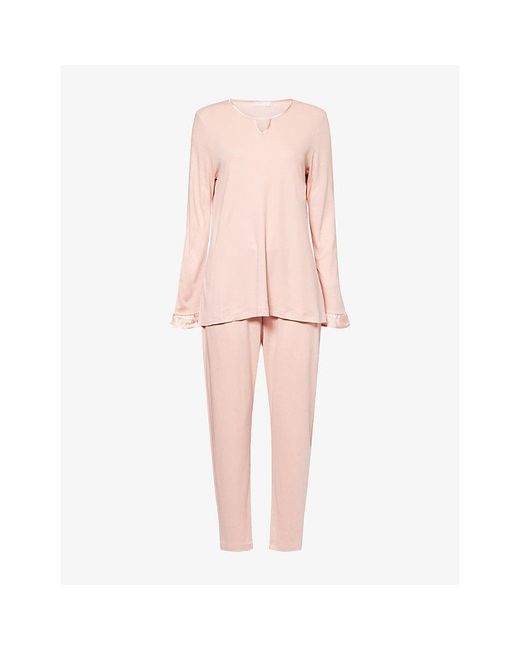Hanro Pink Claire Ruffled-Cuffs Cotton-Modal Blend Pyjama Set
