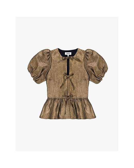 Ro&zo Brown Tie-Front Puff-Sleeve Woven Top