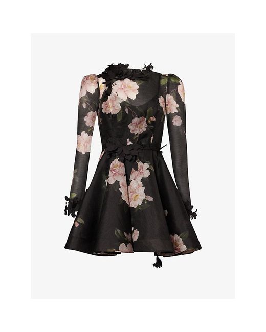 Zimmermann Black Floral-pattern Linen And Silk-blend Mini Dress