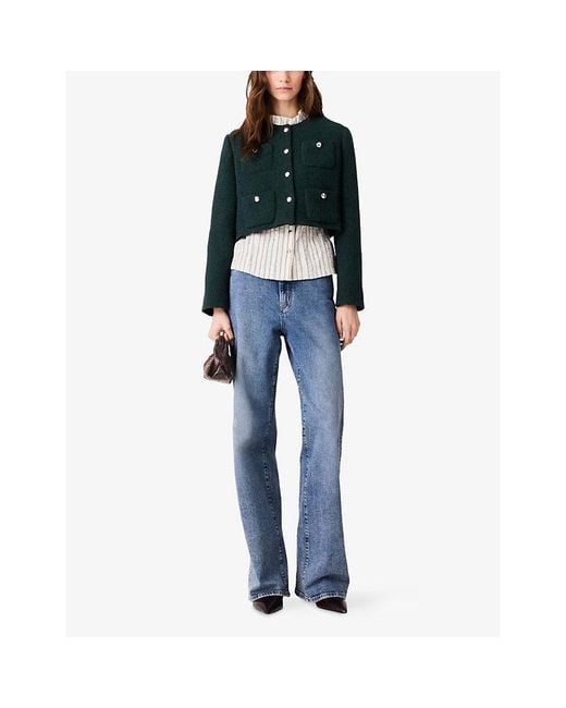 Maje Blue Round-Neck Tweed Cotton-Blend Jacket