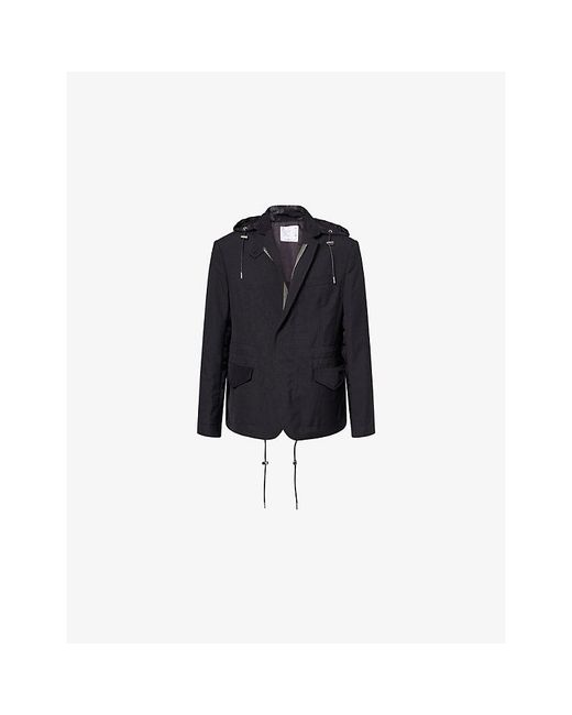 Sacai Blue Detachable-Hood Notch-Lapel Woven Jacket for men