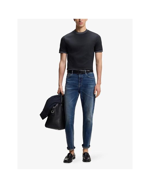 Boss Blue Contrast-Trim Crewneck Cotton-Jersey T-Shirt for men