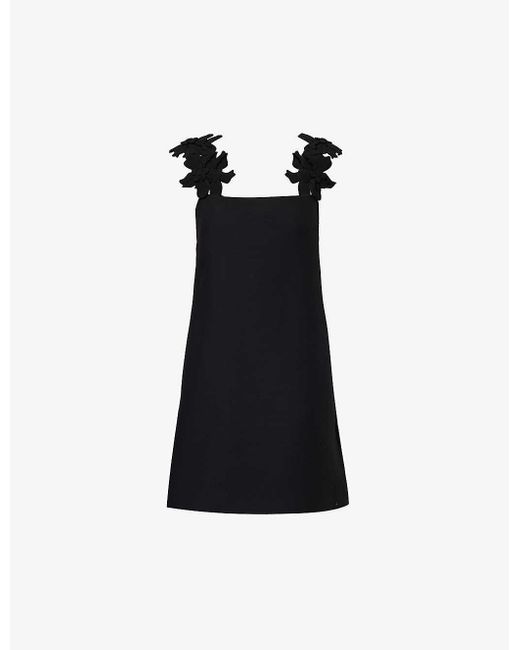 Valentino Garavani Black Floral-embellished Wool And Silk-blend Mini Dress