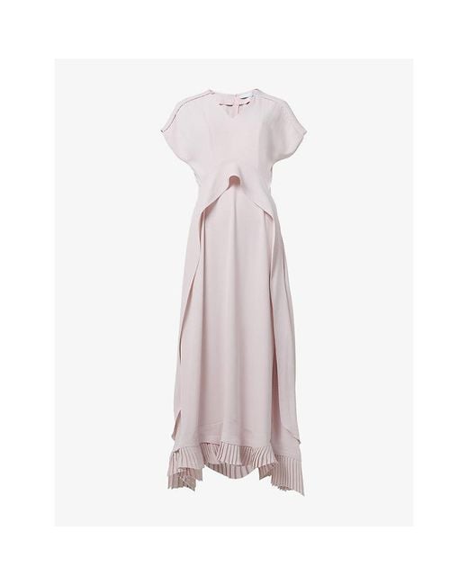 eem Purple Curved-Frill Pleated-Hem Woven Midi Dress