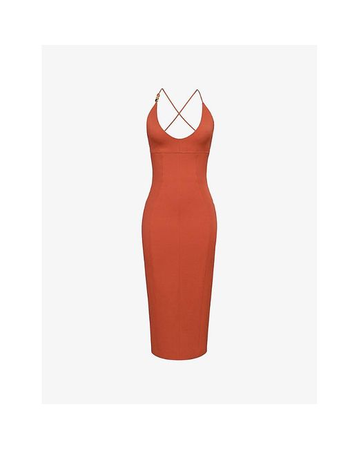 House Of Cb Red Ria Plunge-Neck Stretch Cotton-Blend Midi Dress