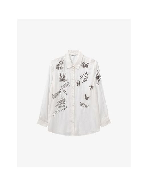 IKKS White Graphic-embroidered Long-sleeve Woven Shirt