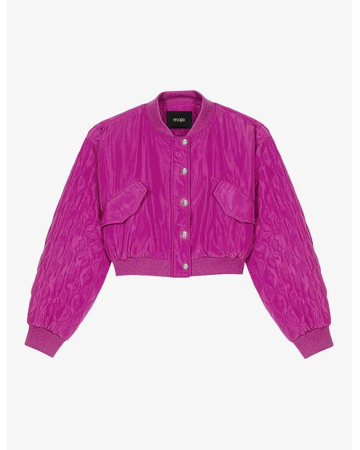 Maje Purple Relaxed-fit Quilted-sleeve Cropped Woven Bomber Jacket