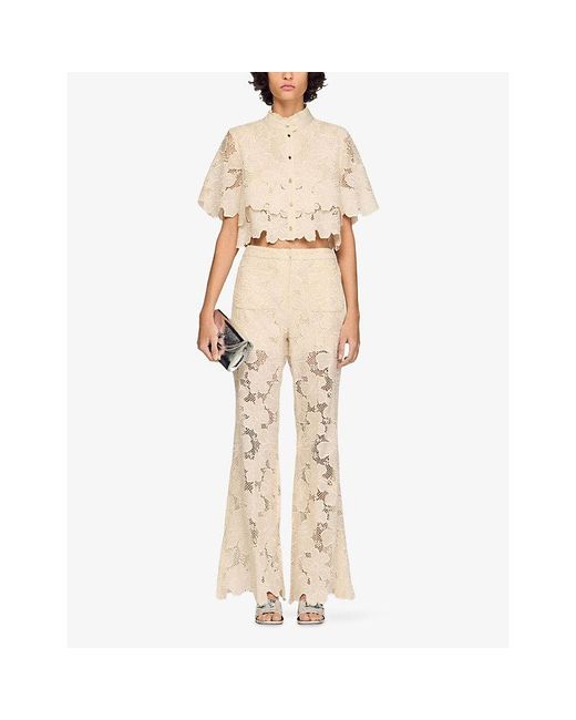Sandro Natural Floral Flared Lace Trousers
