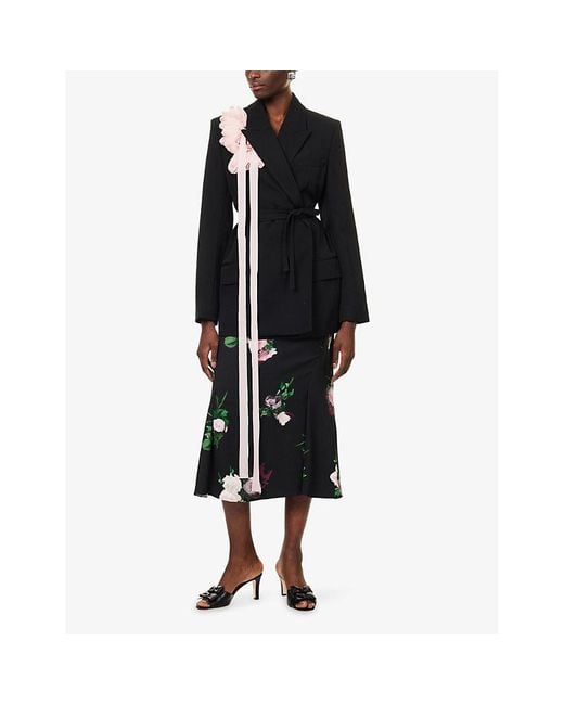 Erdem Black Floral A-Line Stretch-Woven Midi Skirt
