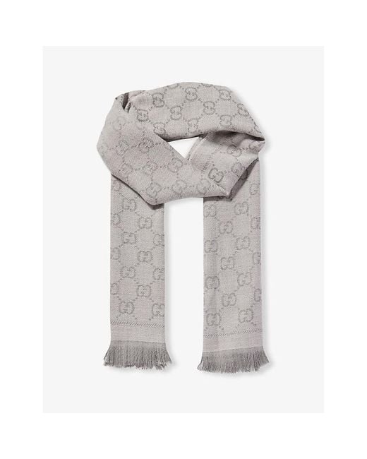 Gucci Gray Monogram-pattern Fringed-trim Wool Scarf