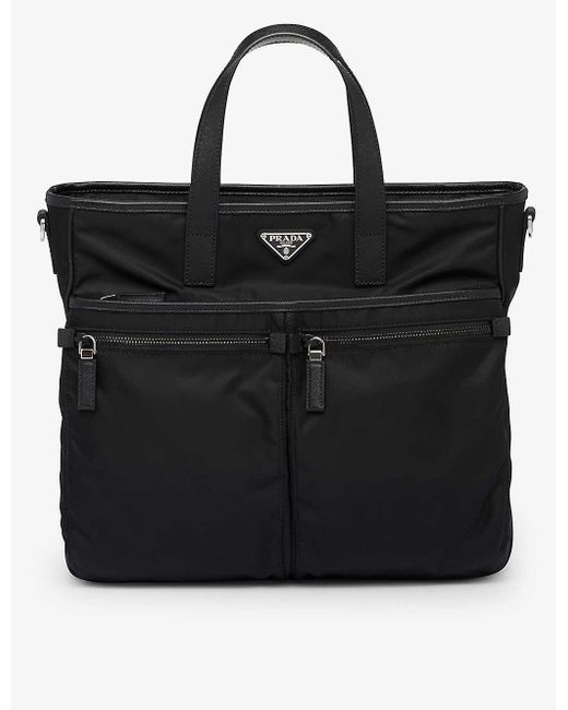 Prada Black Re-nylon Saffiano Leather And Recycled-nylon Tote Bag for men