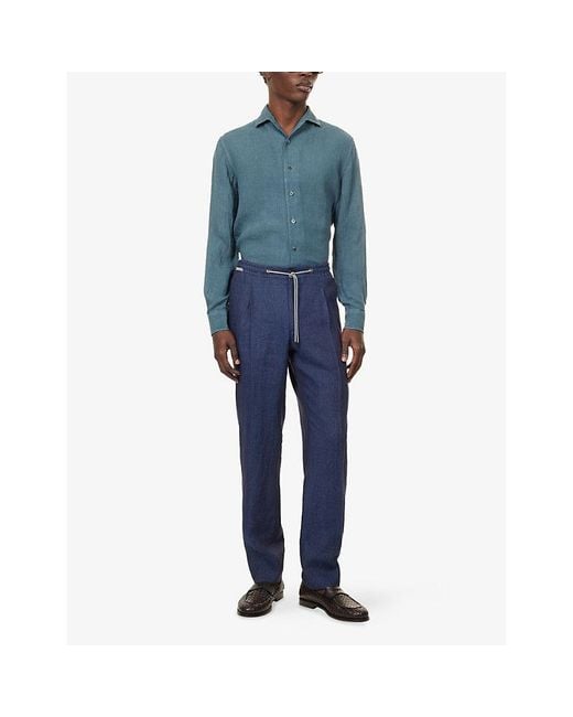 Corneliani Blue Pleated Drawstring Linen Trousers for men