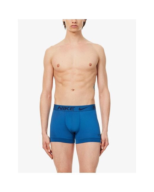 Nike Blue Blue Gym Red Logo-waistband Pack Of Three Stretch-recycled Polyester Trunks for men