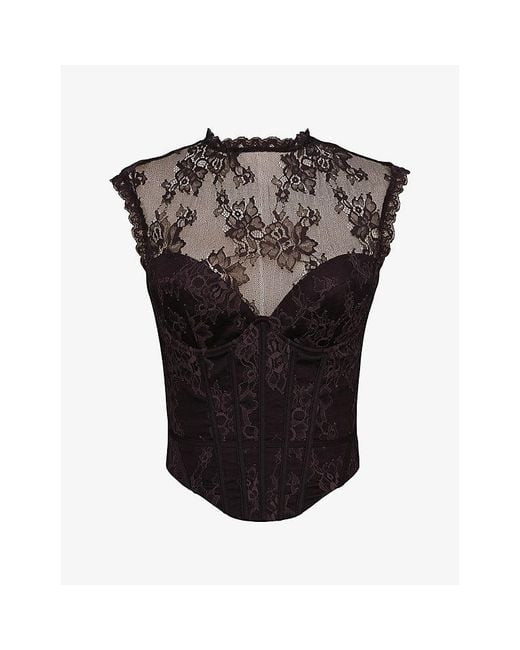 House Of Cb Black Serida Lace-Embroidered Stretch-Woven Corset Top