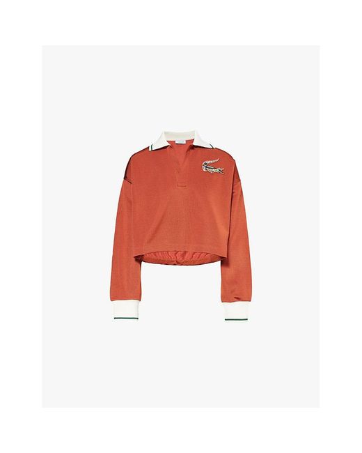 Lacoste Red Julie Logo-Patch Contrast Collar Woven Polo Shirt