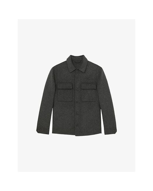 Reiss Black Net Chest-Pocket Wool-Blend Overshirt for men