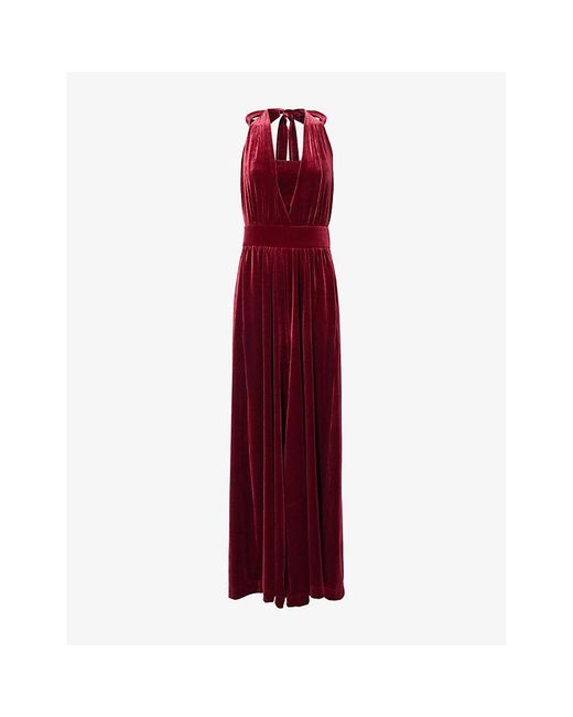 ME+EM Red Halter-Neck Velour Evening Jumpsuit