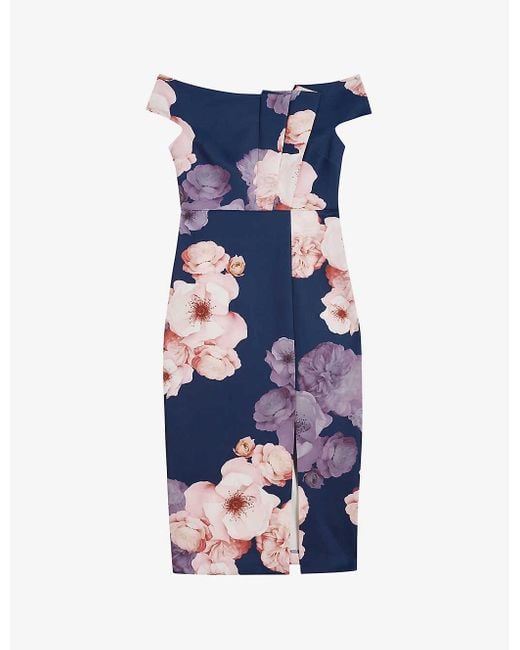 Ted Baker Lovez Floral-print Bardot Stretch-woven Midi Dress in Blue | Lyst
