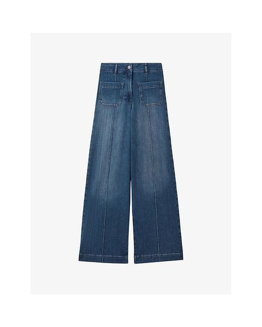 Reiss Blue Kira Contrast-stitch Wide-leg Mid-rise Cotton-blend Jeans