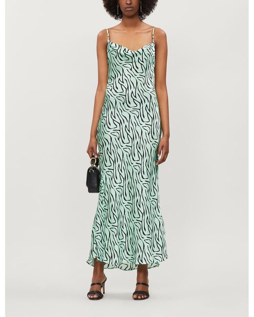 Olivia Rubin Green Lia Zebra-print Silk-satin Slip Dress