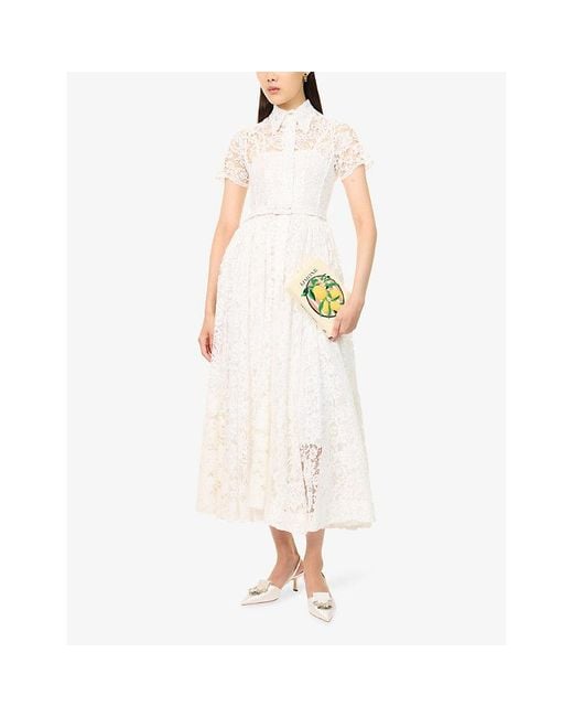 Mona Alshebil White Semi-Sheer Belted Lace Maxi Dress