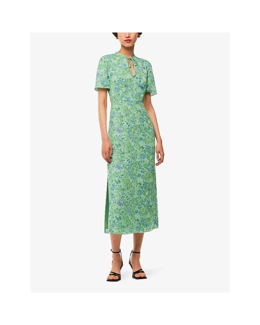 Whistles Green Bonnie Floral-print Slim-fit Woven Midi Dress